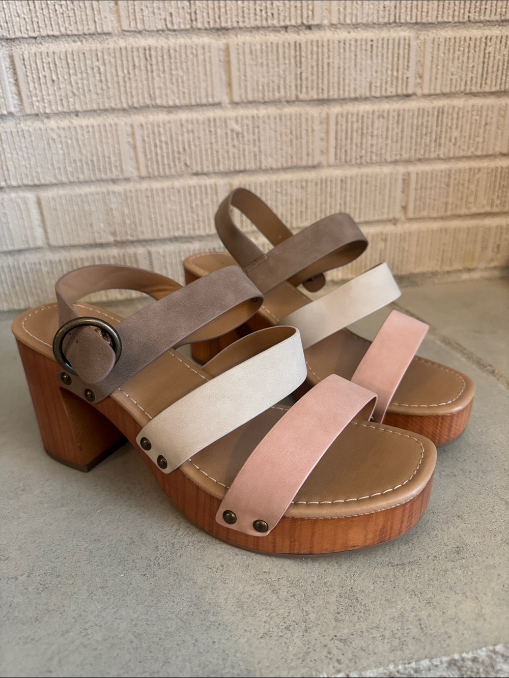 Women's Triple-Strap Block Heel Sandals in Taupe, Cream & Blush